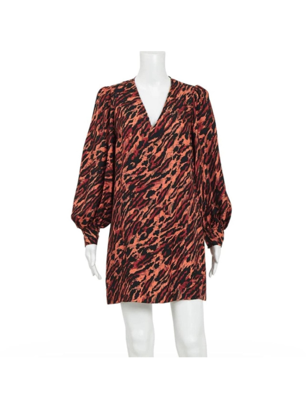 Sandro Paris Silk Leopard Print Dress FR 38 (M) V-Neck Puff Sleeve Mini Designer